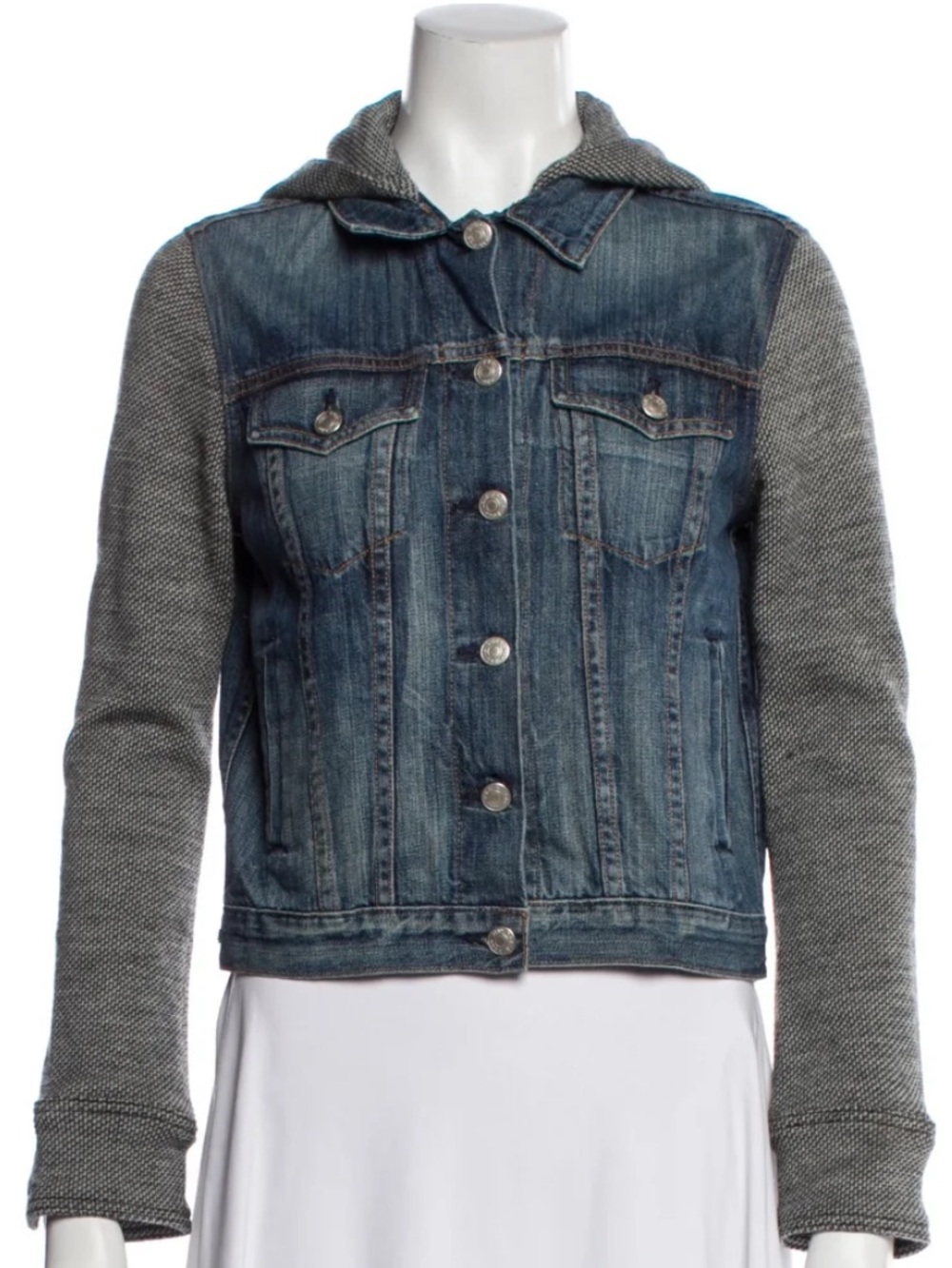 Rag and Bone Women’s Hooded Denim Jacket with Knit Sleeves - Blue & Gray